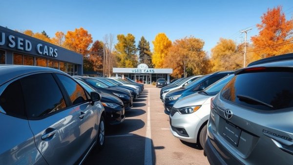 Used car dealership lot showcasing vehicles under a clear blue sky.