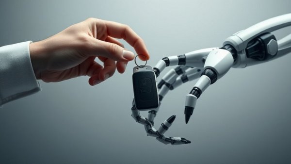 AI automating car transactions with robotic hand receiving key.