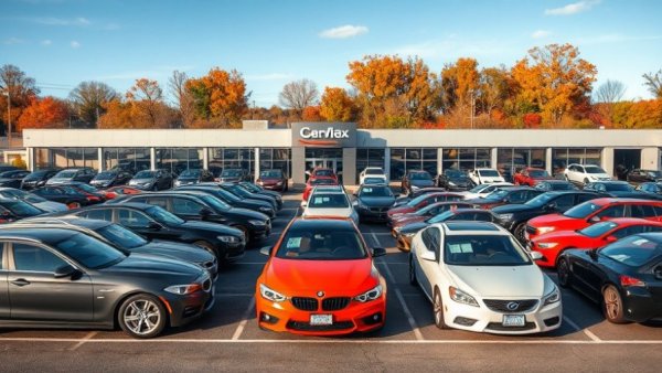 Used cars displayed in dealership lot under clear sky.
