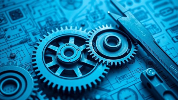 Custom injection molding technical illustration with gears and designs.