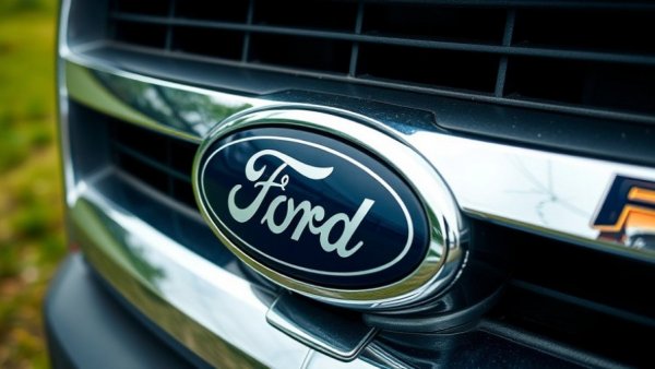 Close-up of Ford vehicle grille, showcasing Ford Universal EV Platform.