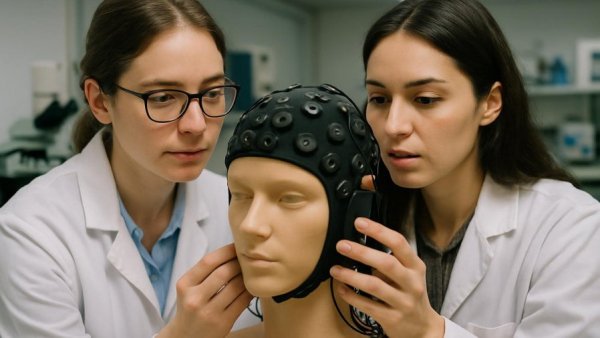 Researchers study device for cochlear implant hearing outcomes in lab.