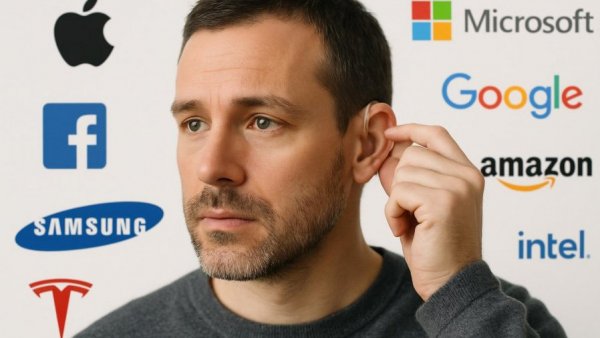 Man with hearing device; logos of hearing device companies around him.