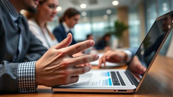 Skills-based hiring meeting with people discussing over laptop.