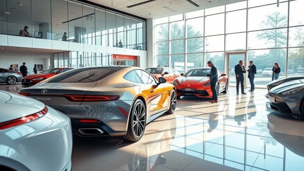 Modern car showroom with luxury vehicles - new vehicle price trends February 2026.