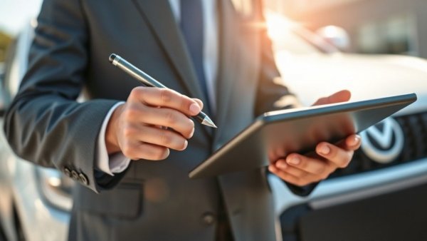 Appraisal transparency in automotive sales, professional using tablet.