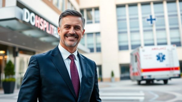 Professional man smiling outside a hospital building, electronic patient records background.