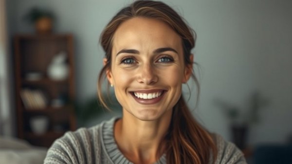 Smiling woman indoors, simple background, highlighting menopause tech privacy concerns.