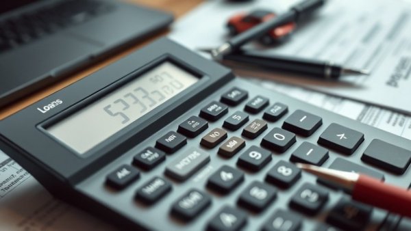 Used car financing rates concept with calculator and mini cars in office.