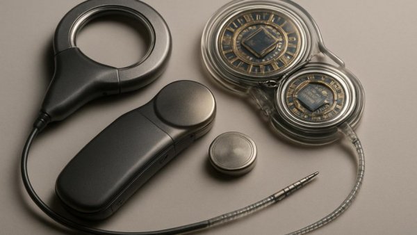 Detailed image of a modern cochlear implant for fully implanted cochlear implant trial.