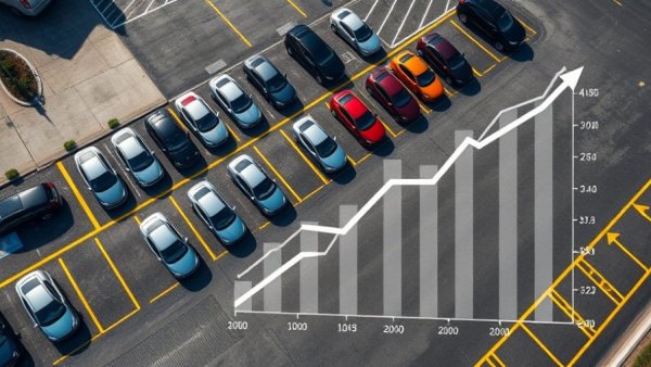 Used vehicles in lot with demand spikes graph, showcasing automotive finance services.