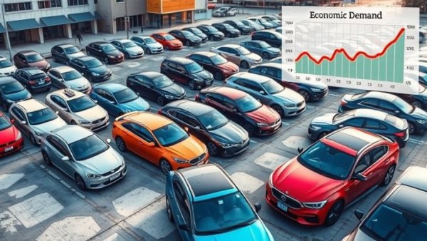 Used car market demand visualized with car lot and growth chart.