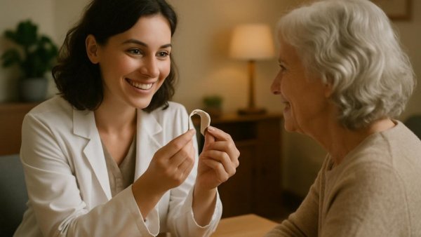 Hearing aid fitting consultation in a warm office setting.