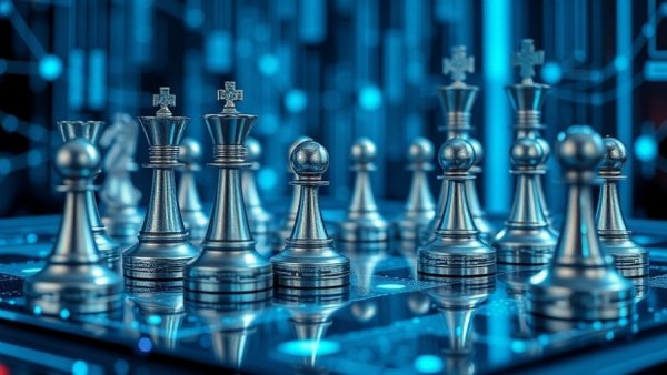 Futuristic chessboard with digital data elements, engaging dynamic background.