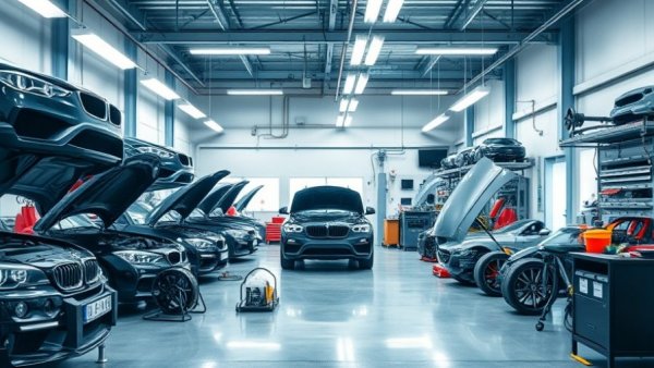 Automotive parts workshop with bright lights and organized space.