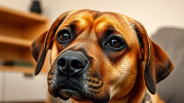 Close-up of a sad brown dog with motivational text on leadership.