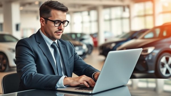 Dealership Marketing Trends 2026: Professional using laptop in showroom.