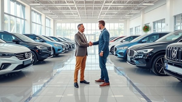 Men closing a deal in a car showroom, indicative of the retail vehicle market.