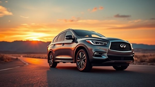 Infiniti QX65 SUV with V-6 engine at sunset on open road.