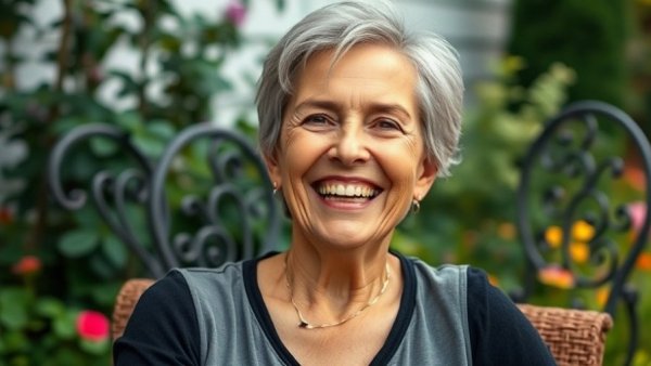 Middle-aged woman smiling in a garden, photorealistic portrait