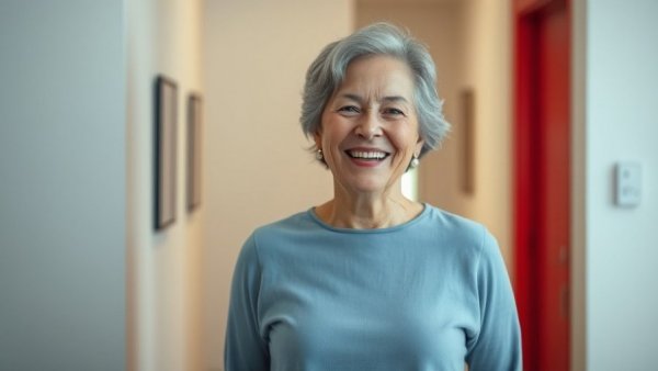 Mature woman smiling indoors under bright lighting.