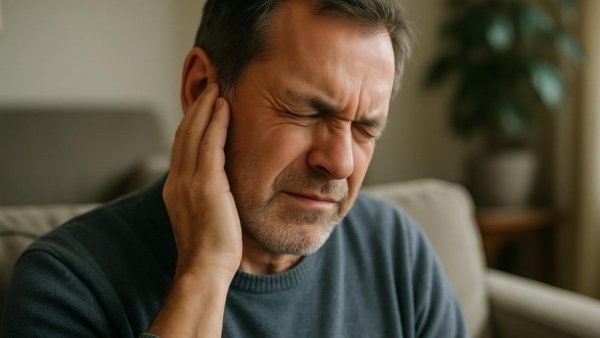 Middle-aged man experiencing potential tinnitus discomfort, seated in living room.