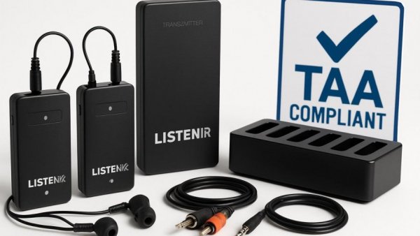 Complete TAA-Compliant ListenIR System setup with components and compliance sign.