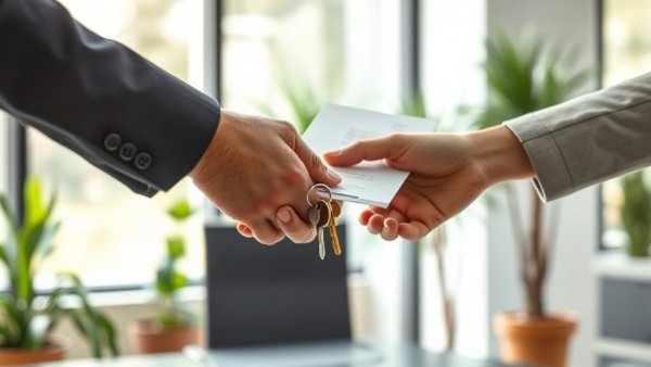 Professional transaction in automotive finance services, hands exchanging documents.