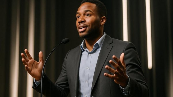 Confident speaker presenting on stage about hearing loss treatment.