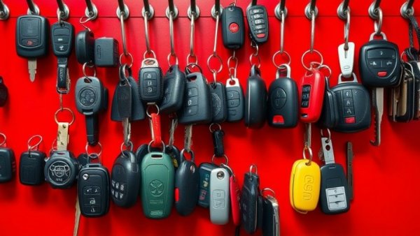 Efficient key management system with organized car keys on red wall.