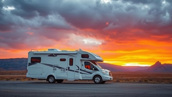 Sunset view of RV highlighting full-time RV living cost
