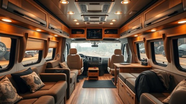 Modern RV interior with gym setup under customization.