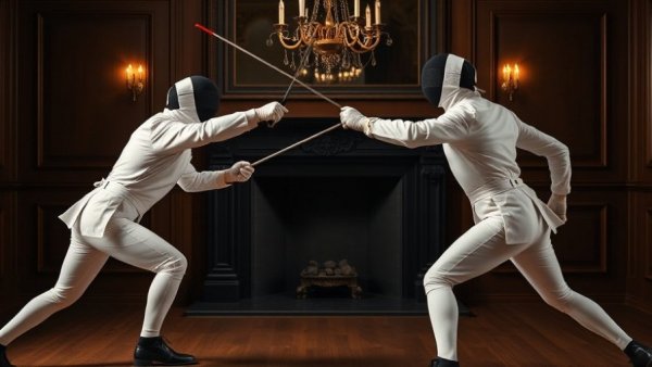 Fencers dueling indoors, concept for conflict resolution strategies for automotive dealerships.