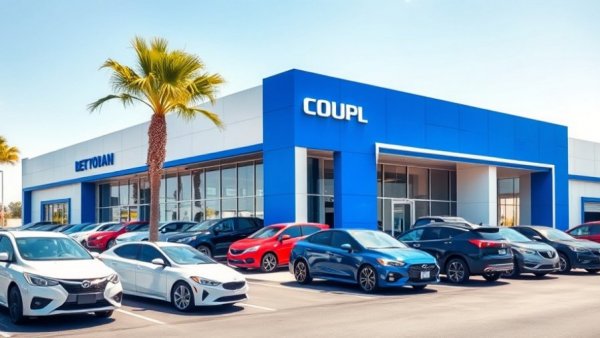 Exterior of modern car dealership with parked vehicles, sunny day.
