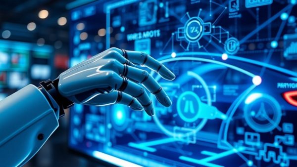 Futuristic interface of AI in automotive retail with human and robot hands.