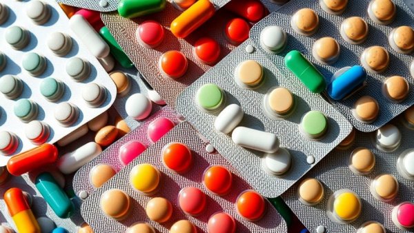 Assorted pill blister packs with colorful capsules and tablets.