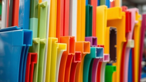 Various colorful plastic extrusions in an industrial setting.