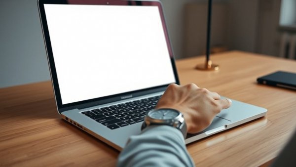 Hand on laptop with blank screen, representing one more product in automotive financing.