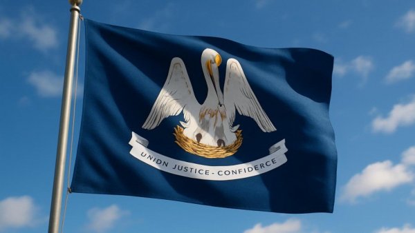 Louisiana state flag flutters against blue sky.