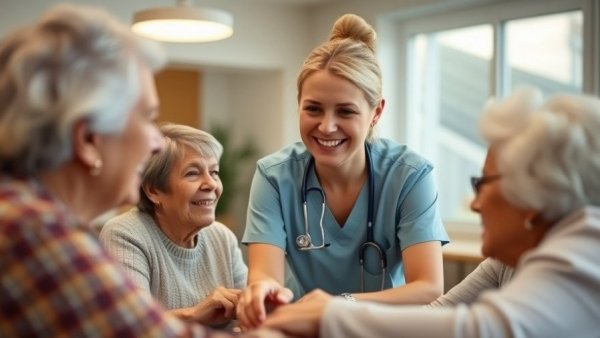 Caregiver assists elderly in activity, related to adult day health billing schemes.