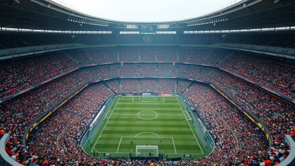 World Soccer Tournament Road Trip crowd in immense stadium, vibrant atmosphere.