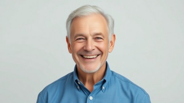 Smiling older man in blue shirt with a neutral background.