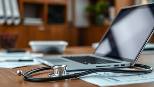 Physicians AI adoption concerns with a laptop and stethoscope.