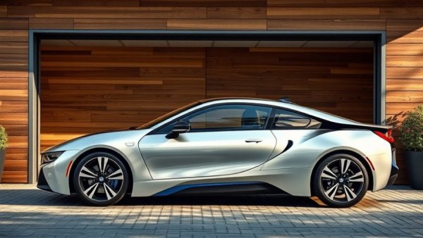 BMW i4 sedan parked in front of wooden garage, stylish design.