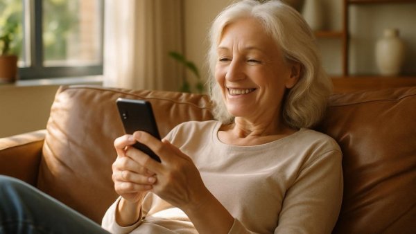 Older woman smiling using smartphone for hearing loss treatment advice.
