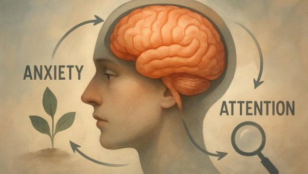 Tinnitus distress management concept illustration with brain and symbols.