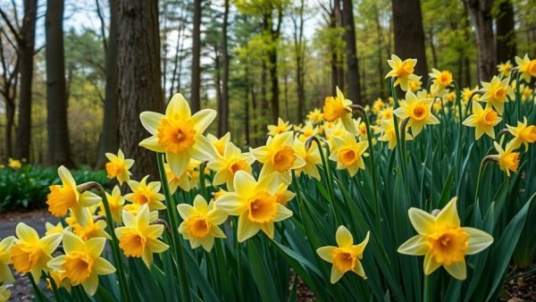 Blooming daffodils in a Rhode Island forest. Where to find flowers in Rhode Island.