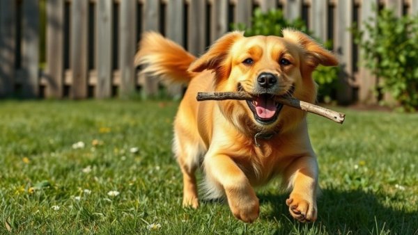 Playful golden dog with stick in a grassy yard, natural daylight.
