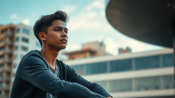 Young adult in casual attire reflecting on responsibilities, urban backdrop.