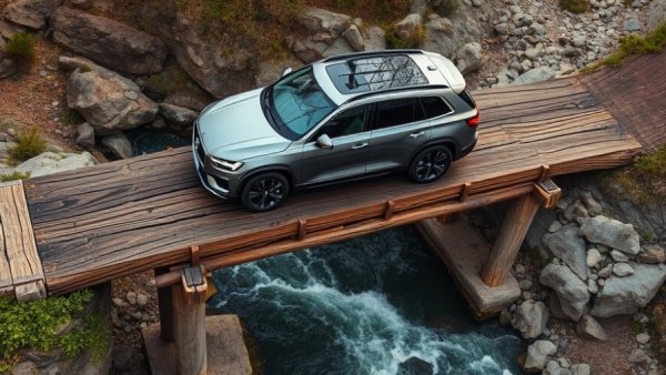 Aerial view of an SUV on a bridge over a creek, Best CPO Dealers 2025.